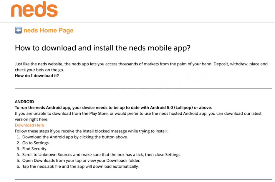 Article “How to download and install the Neds mobile app?”.