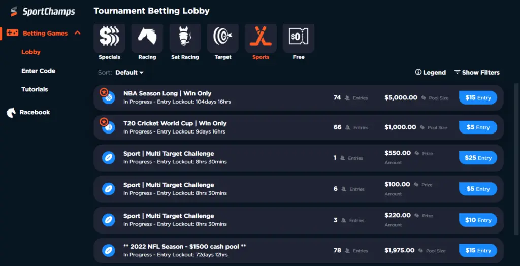 SportChamps tournament lobby