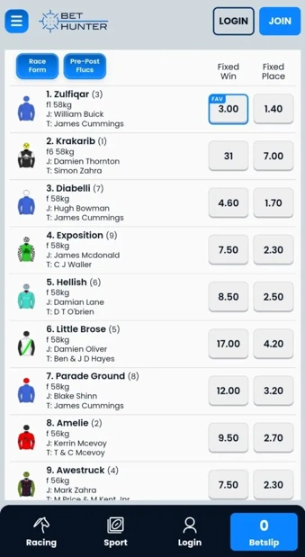 Bet Hunter (small online Australian bookmakers) horse racing odds 